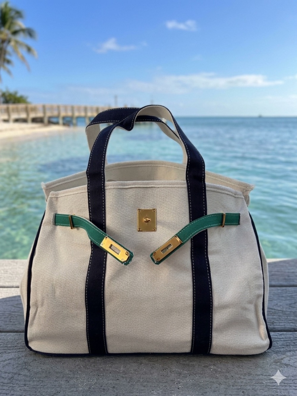 Boatkin Bag, FREE 4-Piece Styling Kit, Structured Canvas Boat Tote, BLUE & GREEN - Picture 3 of 9